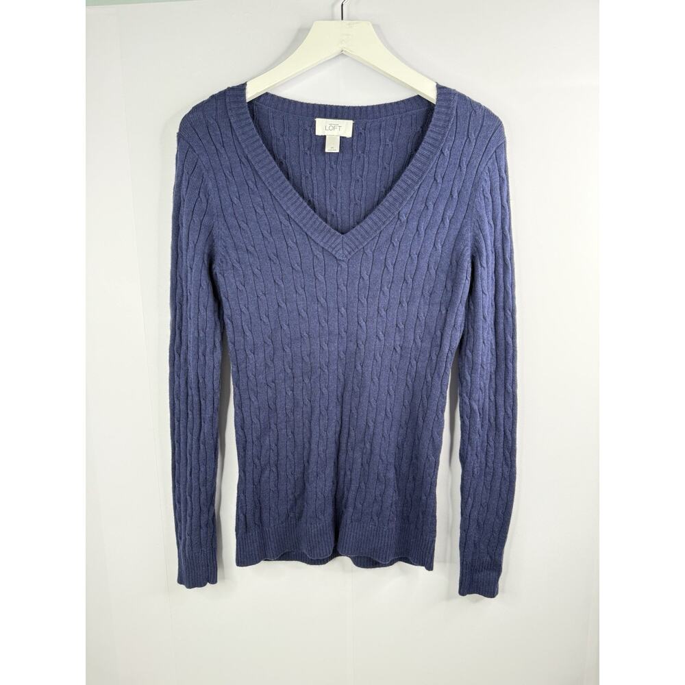 Y2K Loft Women's M Cable‎ Knit Sweater Fitted Blue V Neck Academia Rabbit Blend